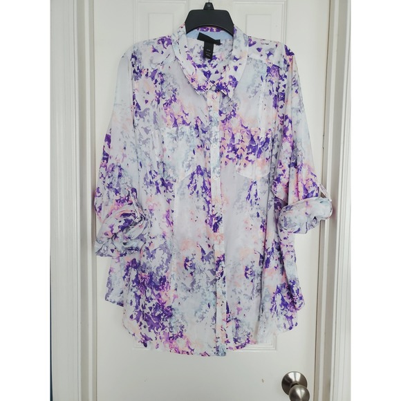 Lane Bryant Tops - Lane Bryant Button Down Shirt Purple Abstract Print Roll Tab Plus Size 22/24